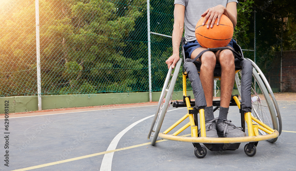 Sports, basketball and man in wheelchair with ball for playing game, challenge and practice outdoors