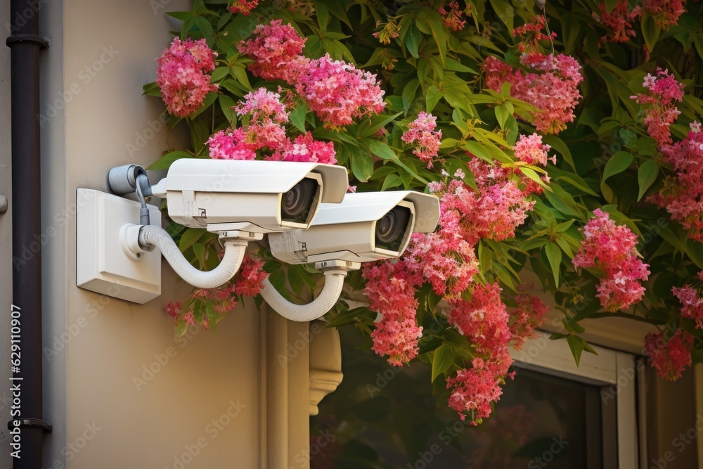 Security camera in front of house with flowers in the foreground.