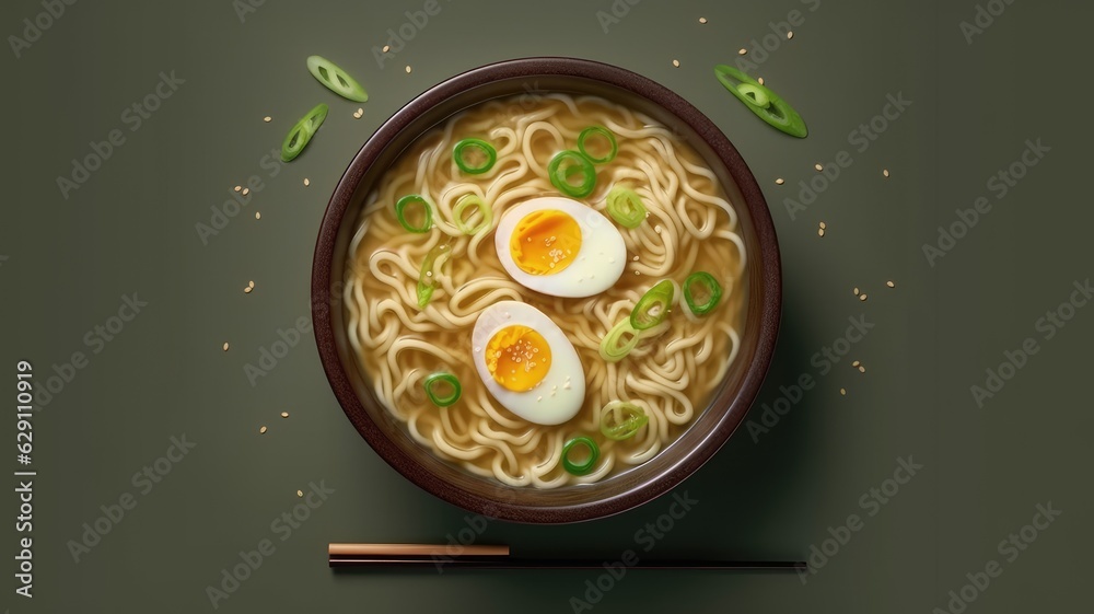 Ramen in a bowl top view. Ramen soup with egg and green onions. Generative AI