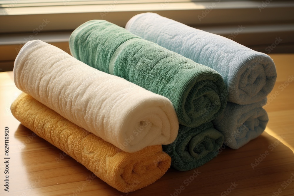 Rolled and prepared towels for guest use.