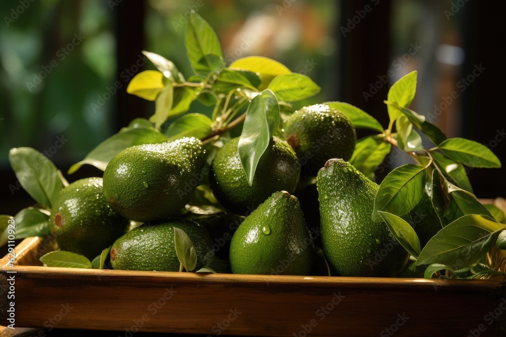 Organic avocado in a wooden box. Generative AI