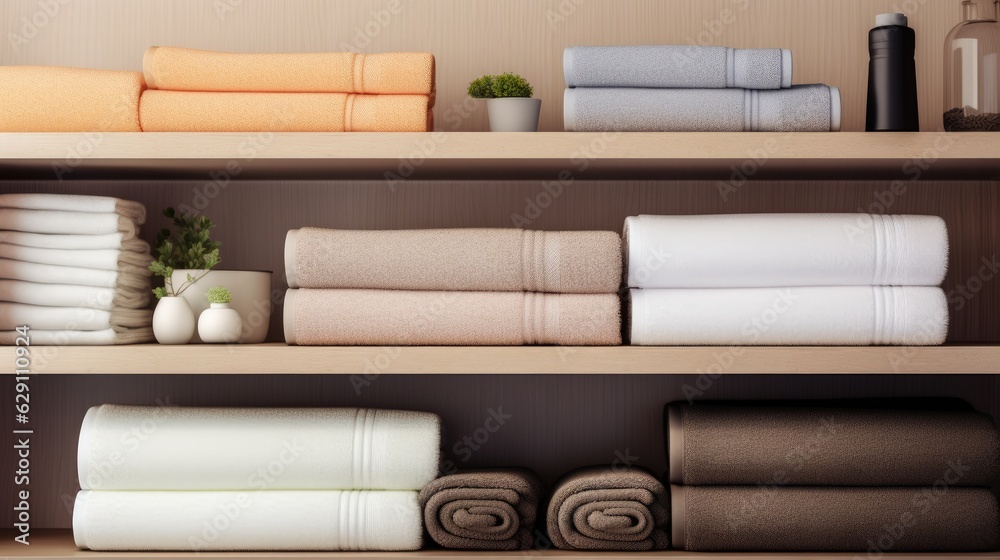 Shelf with towels at hotel spa.