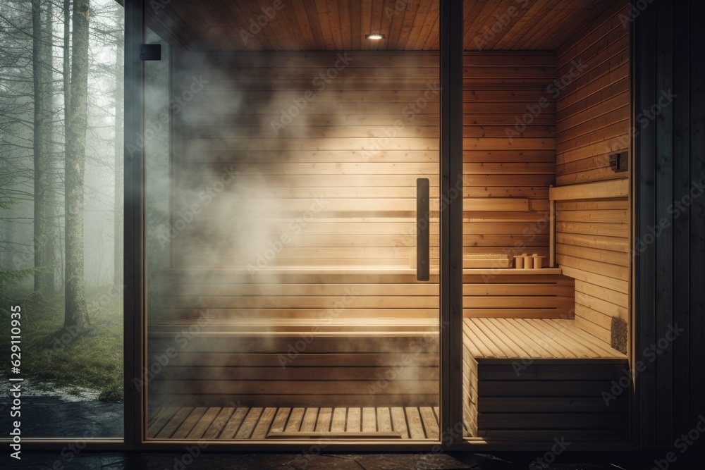 Front view of empty Finnish sauna room. Modern interior of wooden spa cabin with dry steam.