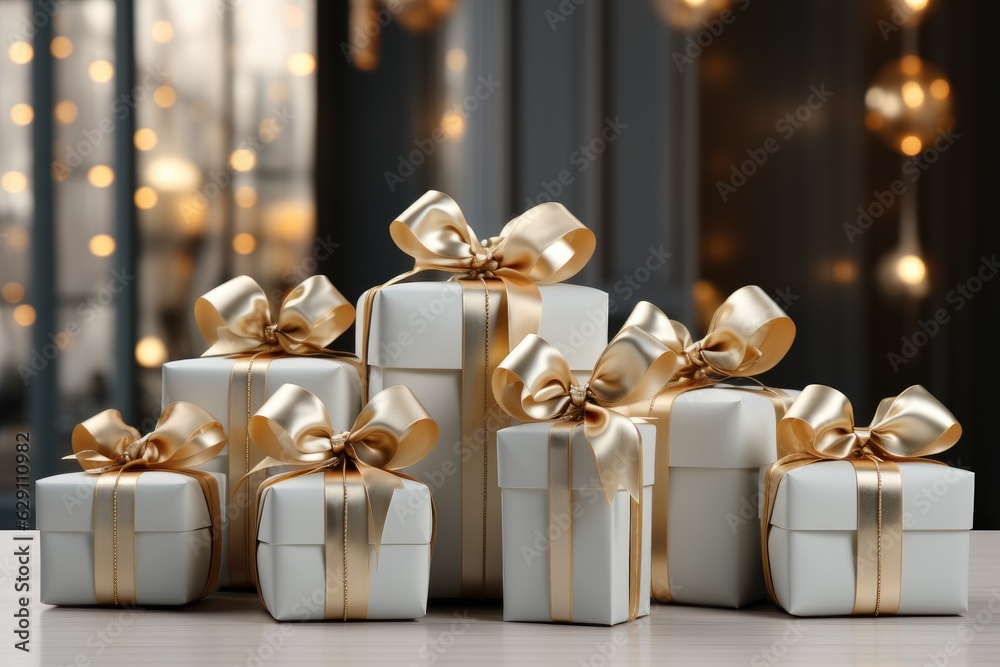 Gift boxes. Merry Christmas, Marry New Year, birthday. Generative AI