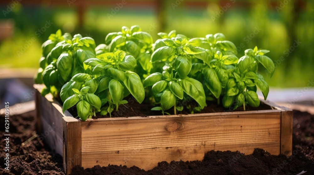 Green basil growing in raised beds in garden. Generative AI