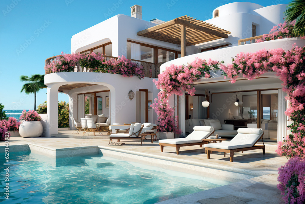 modern white villa with a swimming pool. Sunbed on sundeck, clear blue sky background for vacation h