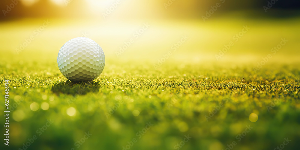 Close-up of golf ball on green grass of golf course, sunny day, blurred backdrop. Generative AI