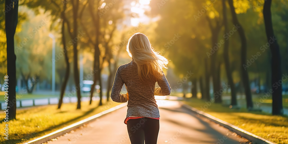 Woman running in park with green trees on beautiful summer day. Sport fitness concept. Generative AI