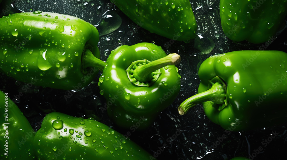 Fresh green bell peppers with water drops background. Vegetables backdrop. Generative AI