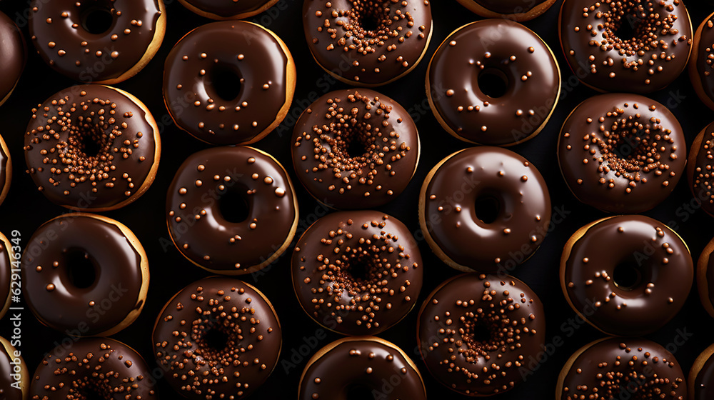 Donut with chocolate glaze background. Round american chocolate doughnuts. Generative AI