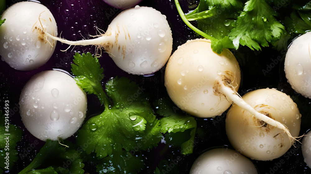 Fresh turnips with water drops background. Vegetables backdrop. Generative AI