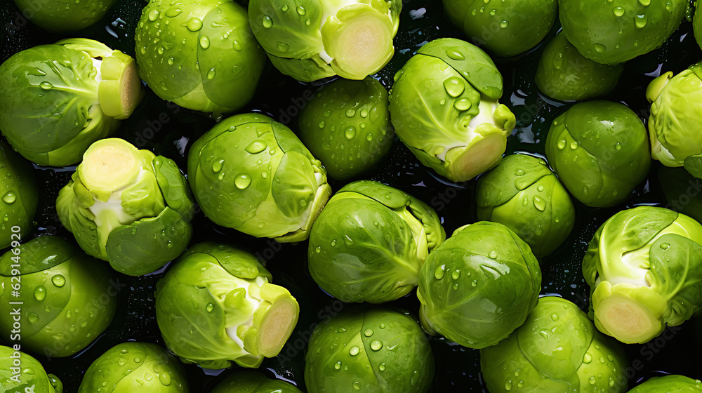 Fresh green brussels sprouts with water drops background. Vegetables backdrop. Generative AI