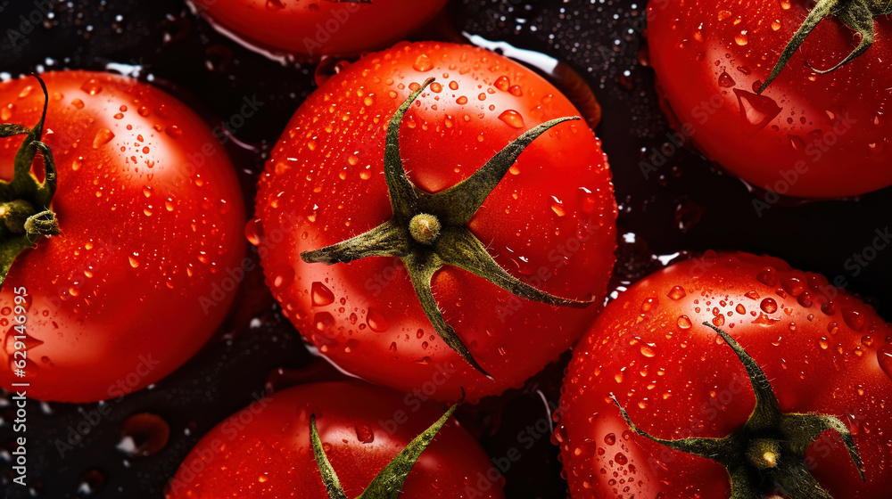 Fresh red tomatoes with water drops background. Vegetables backdrop. Generative AI