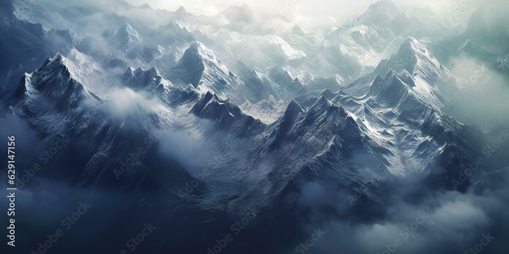 Dramatic snow-capped mountains landscape. Clouds and fog covers stone slopes. Generative AI