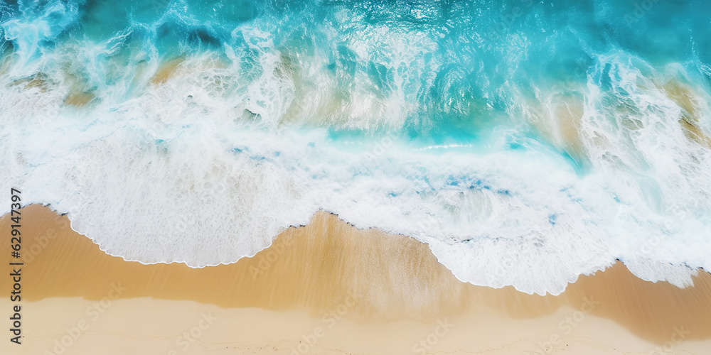 Top view oncoast with ocean waves. Blue water background. Summer seascape from air. Generative AI