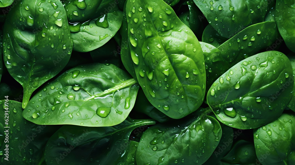 Fresh green spinach leaves with water drops background. Vegetables backdrop. Generative AI