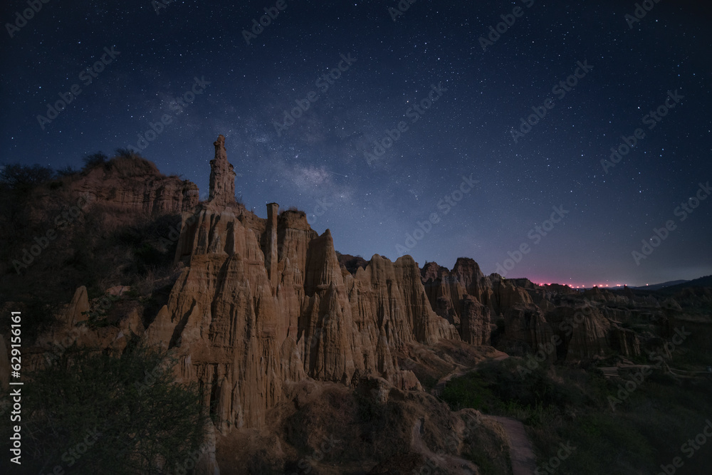 Flowing erosion landform at night in Yunnan, China.