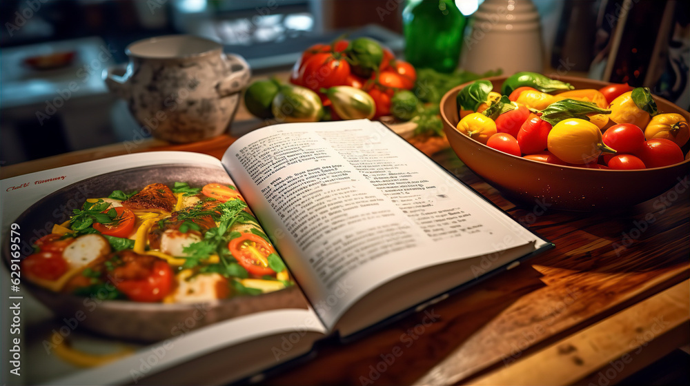 Recipe Book Surrounded by a Variety of Vegetables - AI Generated 