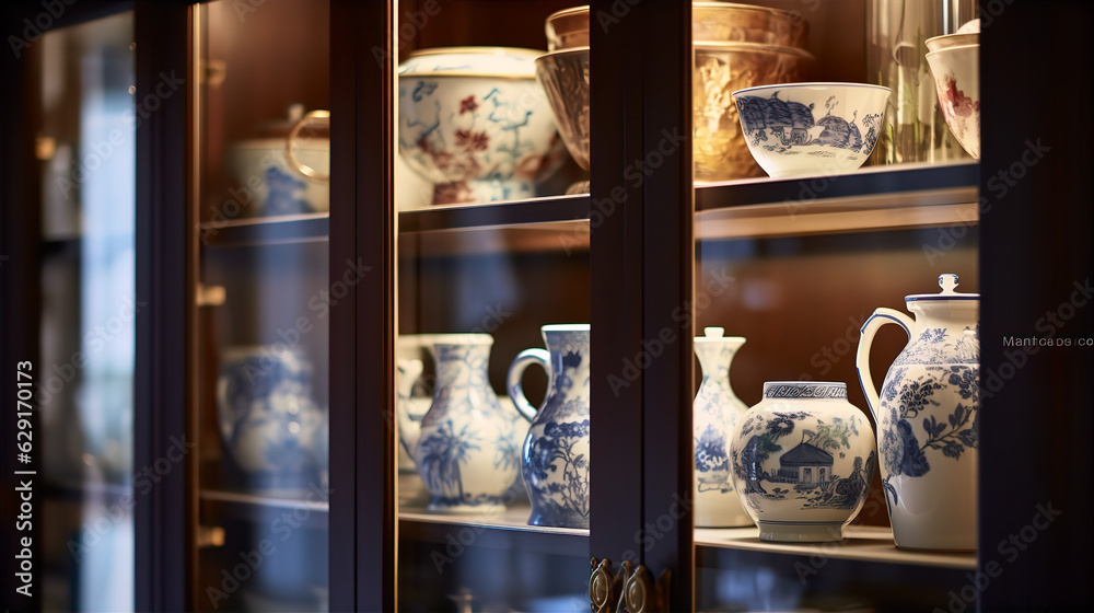 Elegant Porcelain Displayed in a Cupboard - AI Generated 