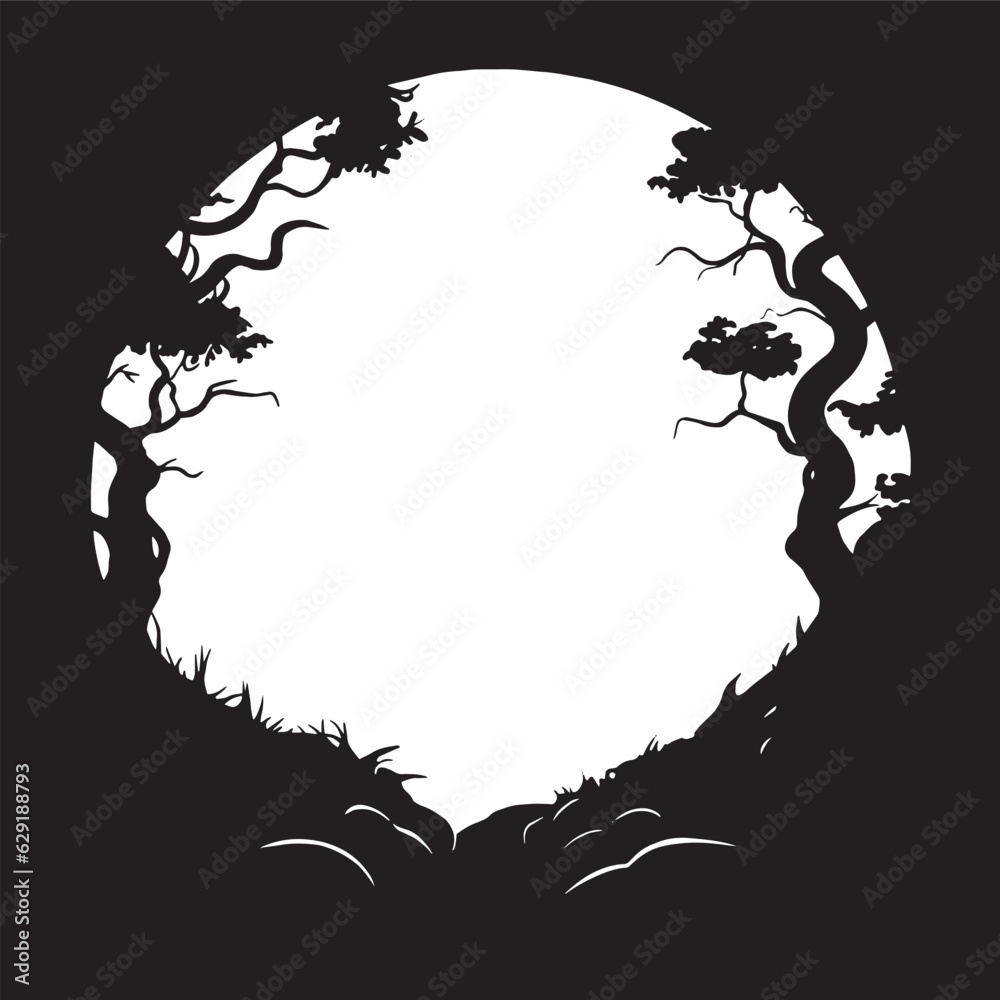 vector drawing, round frame with magic forest. black and white graphic drawing with fabulous trees a