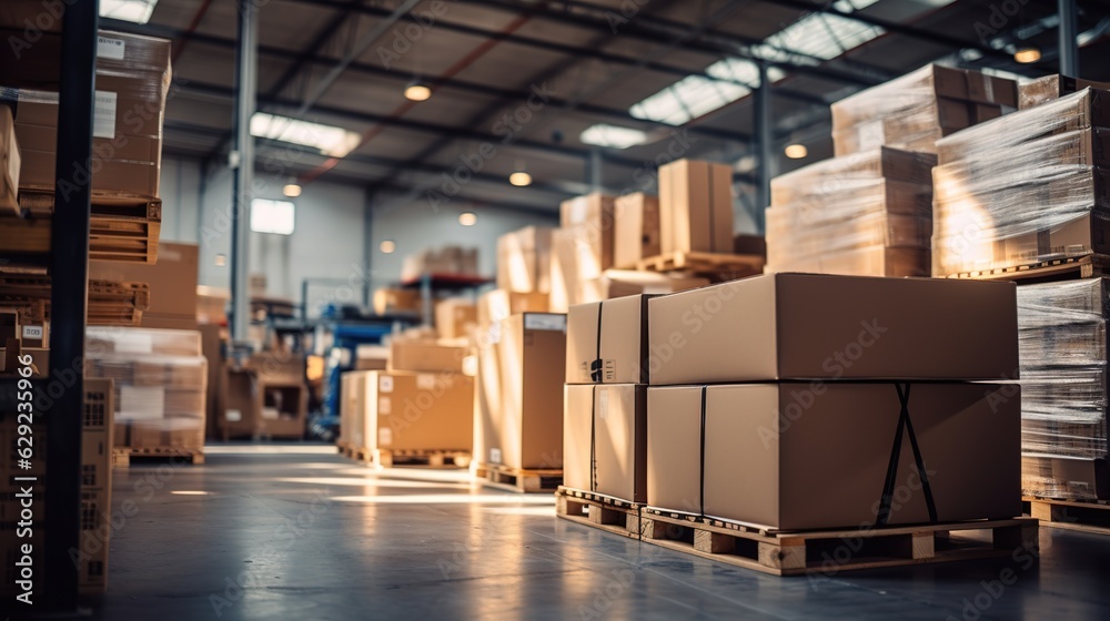 Retail warehouse full of shelves with goods in cartons, with pallets and forklifts. Logistics and tr