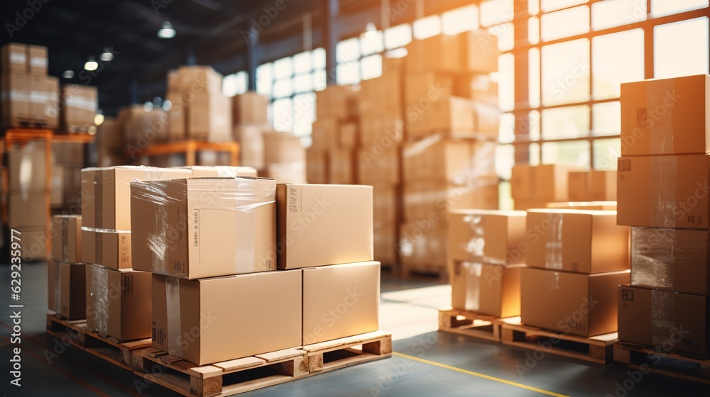 Retail warehouse full of shelves with goods in cartons, with pallets and forklifts. Logistics and tr