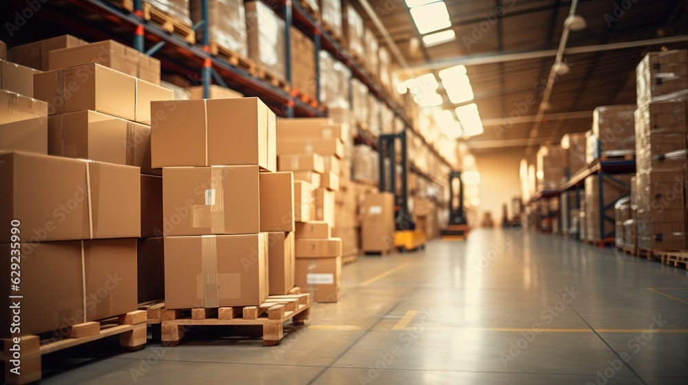 Retail warehouse full of shelves with goods in cartons, with pallets and forklifts. Logistics and tr