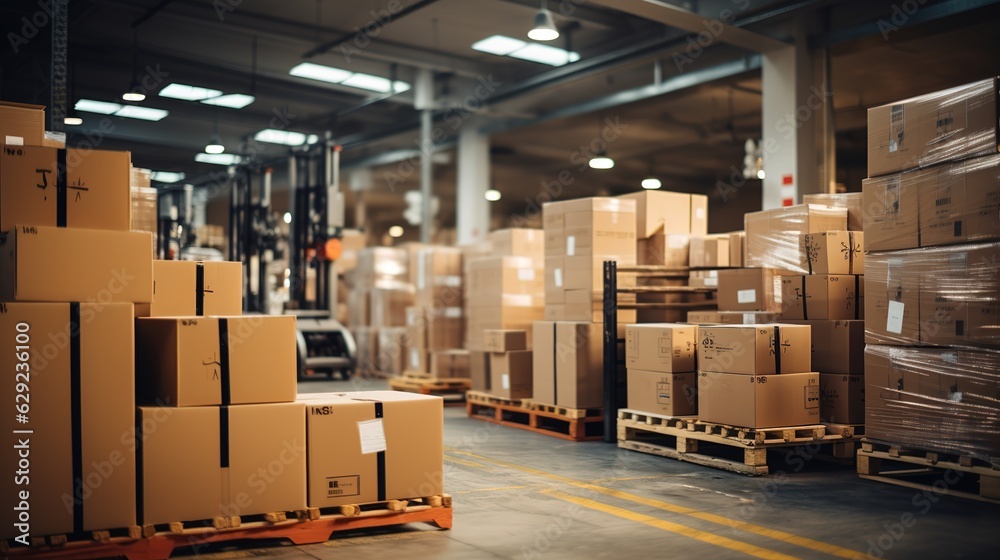 Retail warehouse full of shelves with goods in cartons, with pallets and forklifts. Logistics and tr