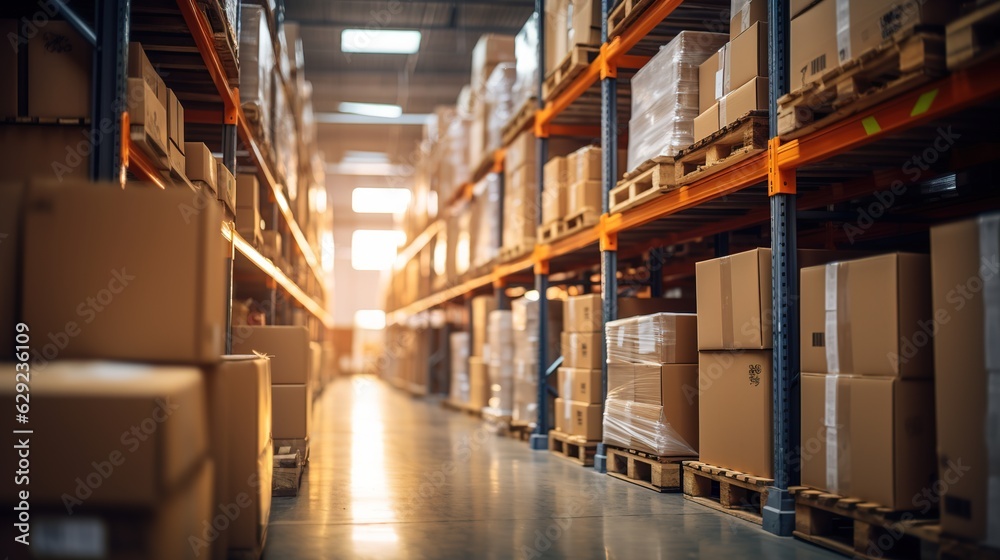 Retail warehouse full of shelves with goods in cartons, with pallets and forklifts. Logistics and tr