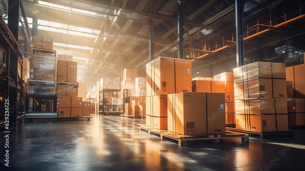 Retail warehouse full of shelves with goods in cartons, with pallets and forklifts. Logistics and tr