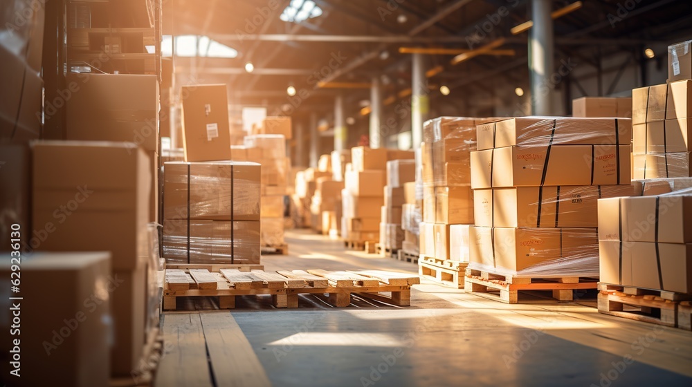 Retail warehouse full of shelves with goods in cartons, with pallets and forklifts. Logistics and tr