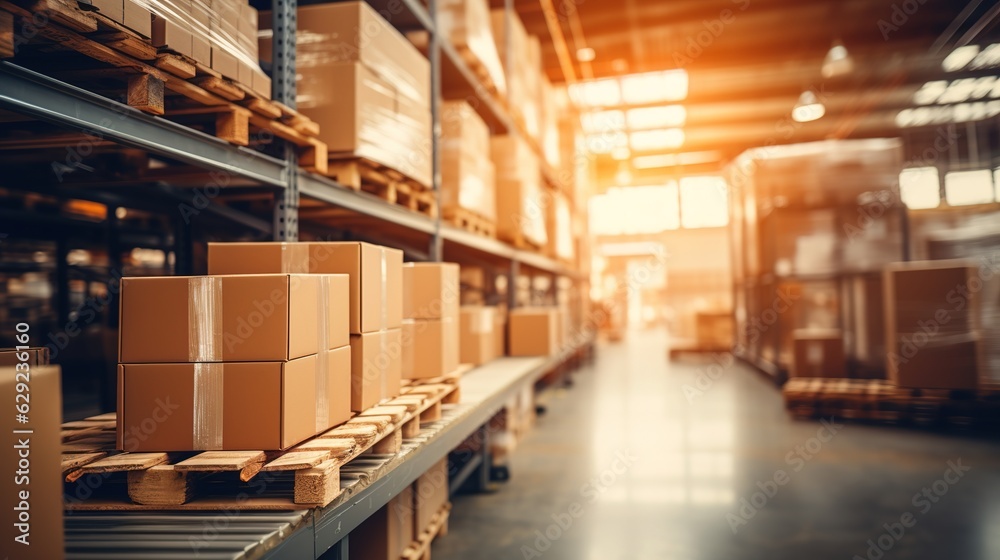 Retail warehouse full of shelves with goods in cartons, with pallets and forklifts. Logistics and tr