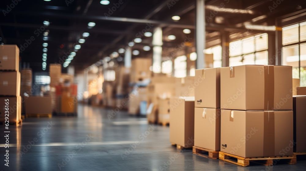 Retail warehouse full of shelves with goods in cartons, with pallets and forklifts. Logistics and tr