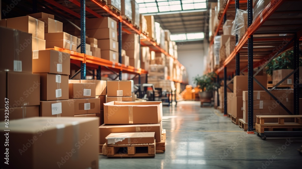 Retail warehouse full of shelves with goods in cartons, with pallets and forklifts. Logistics and tr