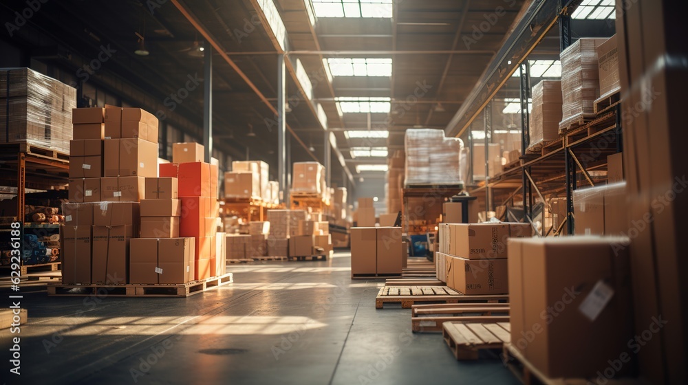 Retail warehouse full of shelves with goods in cartons, with pallets and forklifts. Logistics and tr