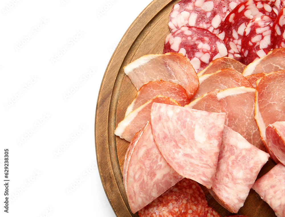 Wooden board with assortment of tasty deli meats isolated on white background, closeup