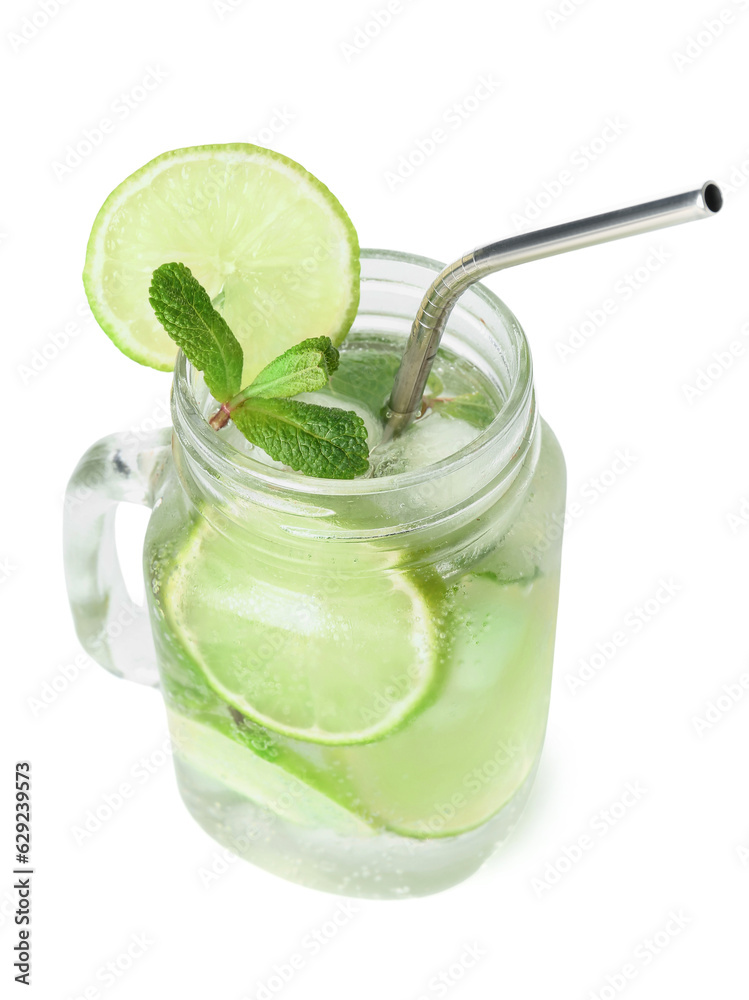 Mason jar of tasty mojito isolated on white background