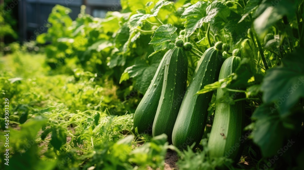 Zucchini with green leaves growing in the vegetable garden.