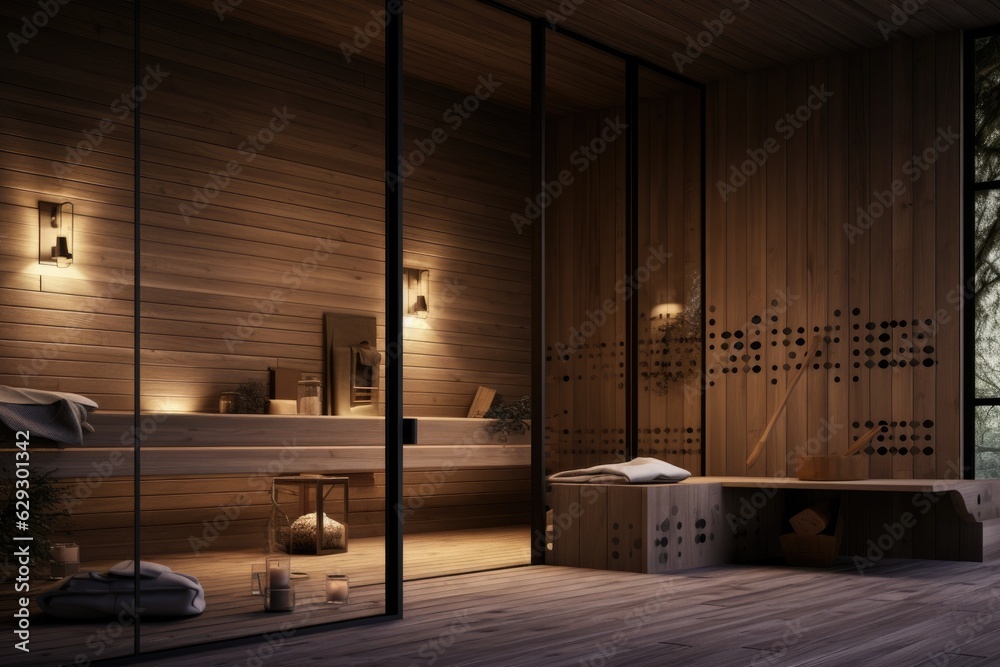 Front view of empty Finnish sauna room. Modern interior of wooden spa cabin with dry steam.