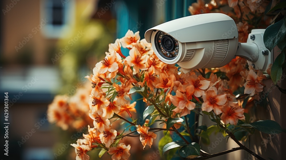 Security camera in front of house with flowers in the foreground.