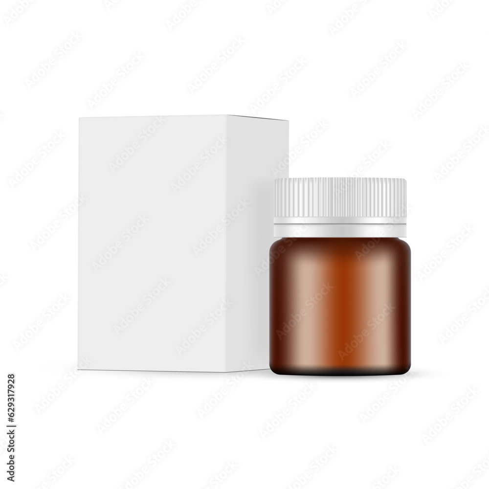 Small Amber Medical Can Mockup With Packaging Box, Isolated on White Background. Vector Illustration