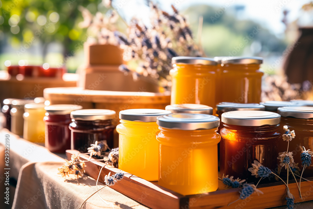 Honey in glass jars on the counter display. Selling delicious and healthy products.