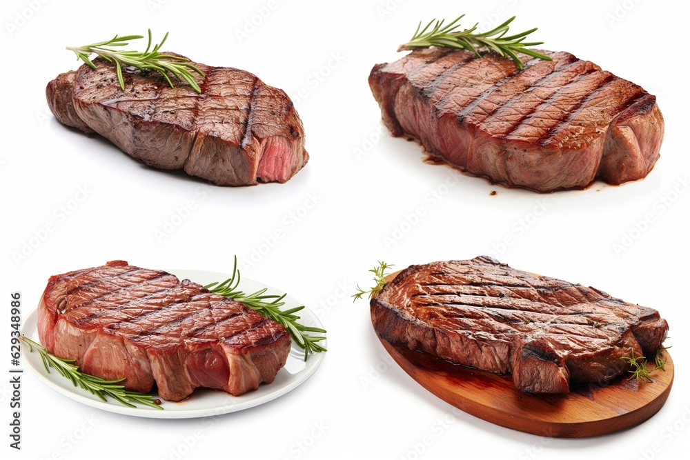 set of steaks isolated on white background