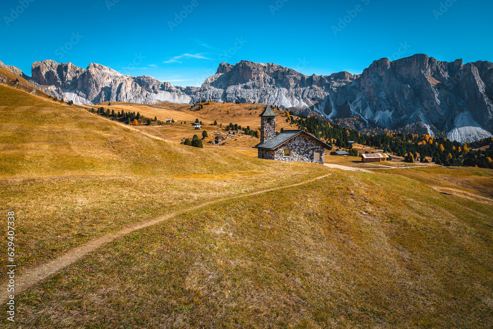 Beautiful mountain pasture view at autumn, Puez-Odle, Dolomites, Italy