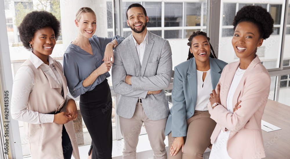 Portrait, business and group with smile at workplace for finance teamwork with pride. Diversity, pro