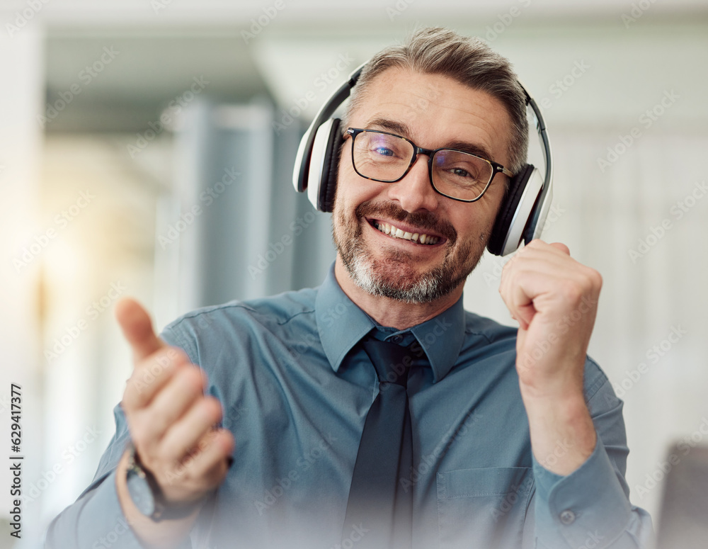 Portrait, business and man on video call with headphones for communication, speaking and online chat