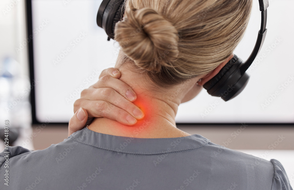 Call center, neck pain and injury with business woman in office for inflammation, burnout and stress