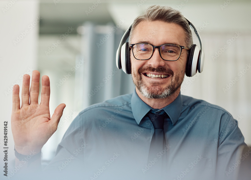 Headphones, portrait and man wave on video call for business, smile or chat at home. Happy face, hel