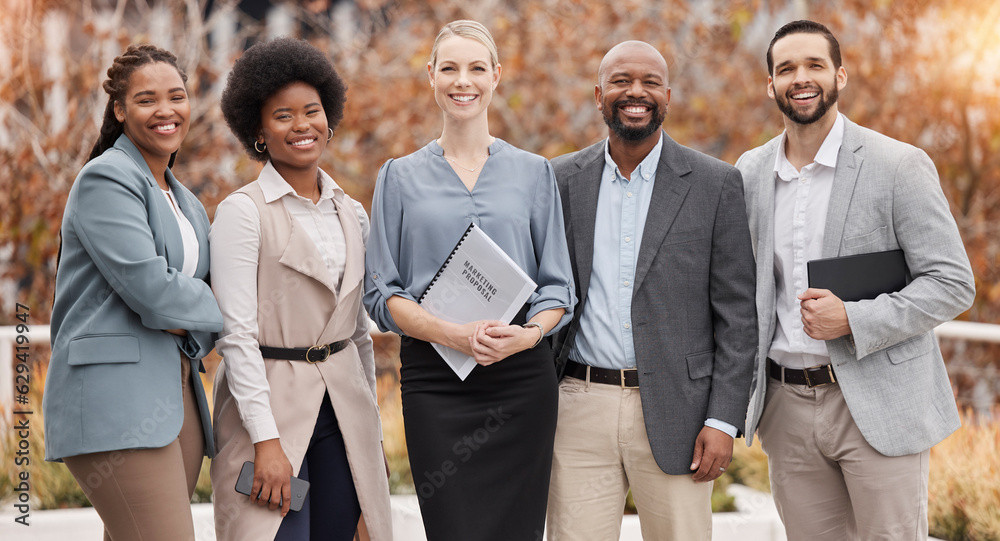 Portrait, diversity and leadership with a business team standing outdoor for corporate development. 