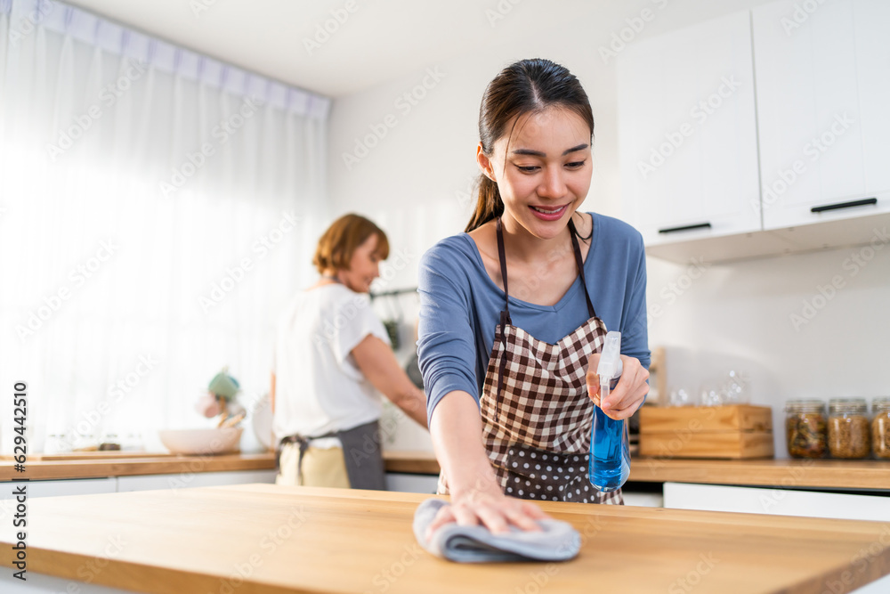 Caucasian senior elderly woman cleaning kitchen in house with daughter. 